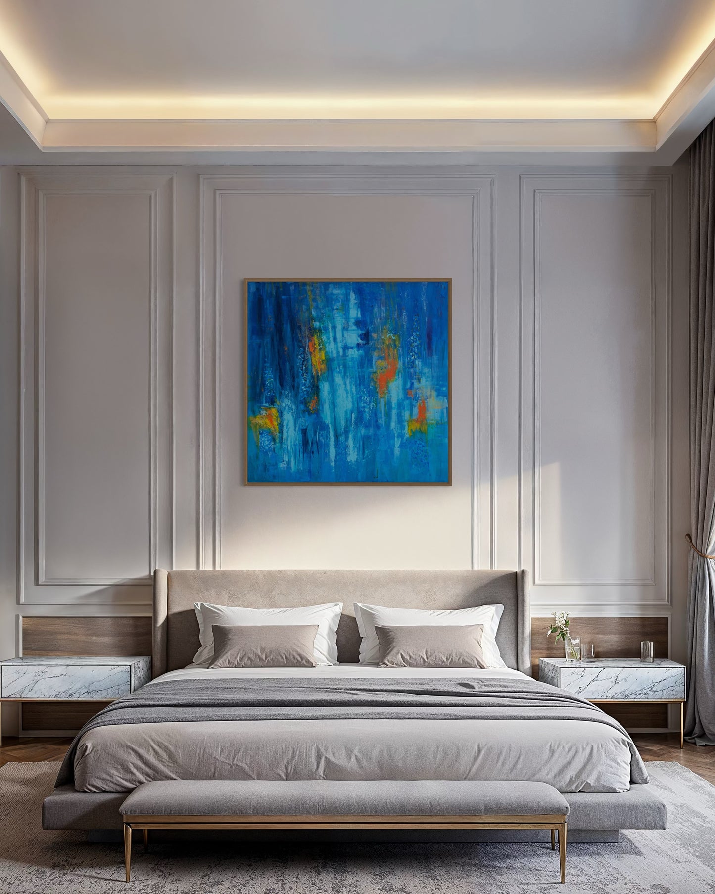Abyss & Ember wall art styled in cozy bedroom interior by Sisco Artworks