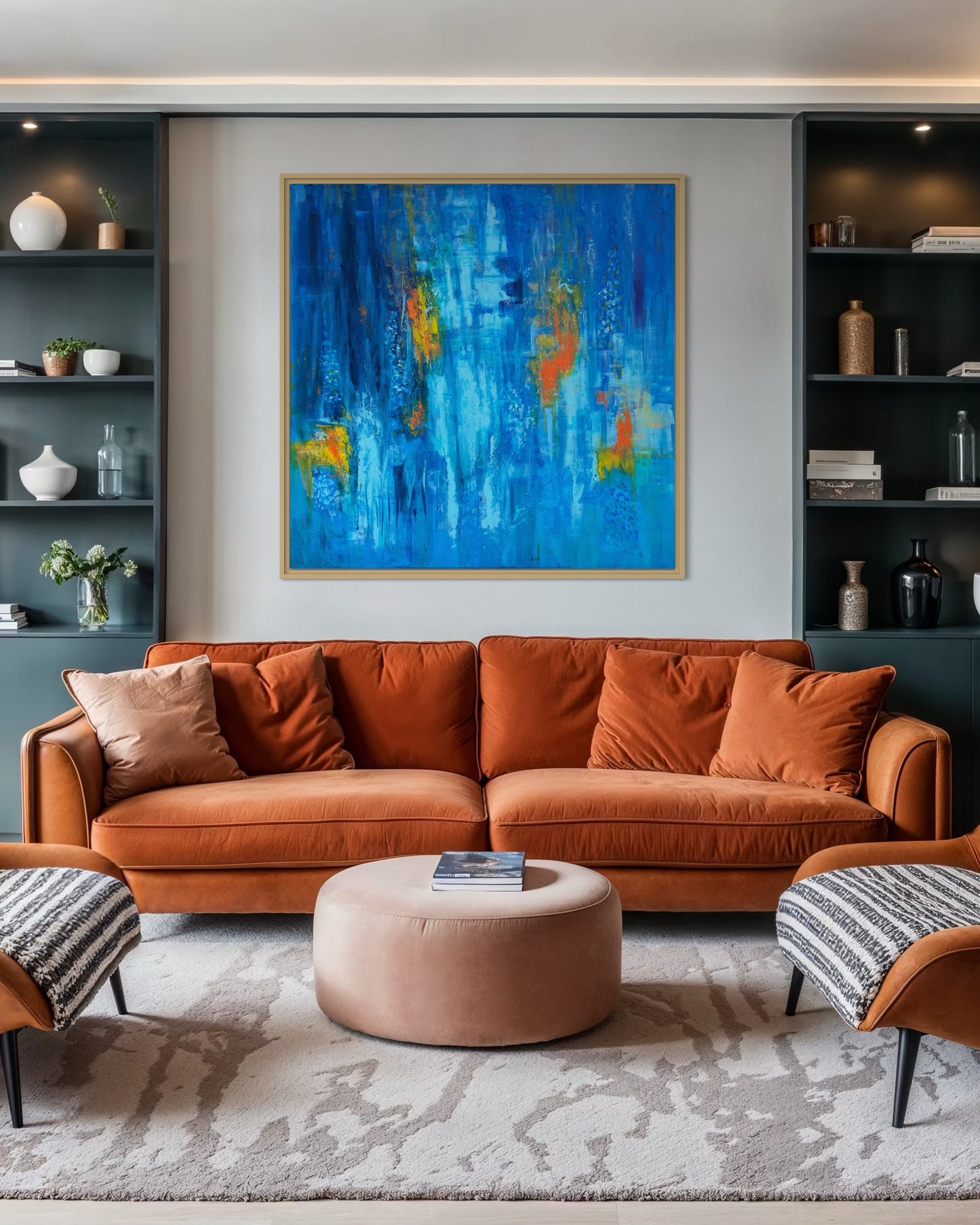 Abyss & Ember acrylic wall art styled in modern living room interior by Sisco Artworks