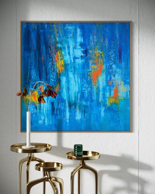 Abyss & Ember – blue and orange abstract acrylic painting by Sisco Artworks