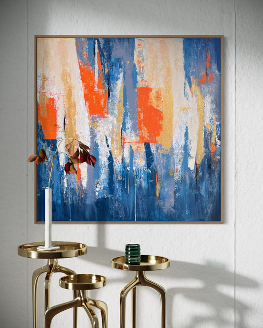 Fragments of Light – orange blue abstract acrylic wall art with gold side tables by Sisco Artworks