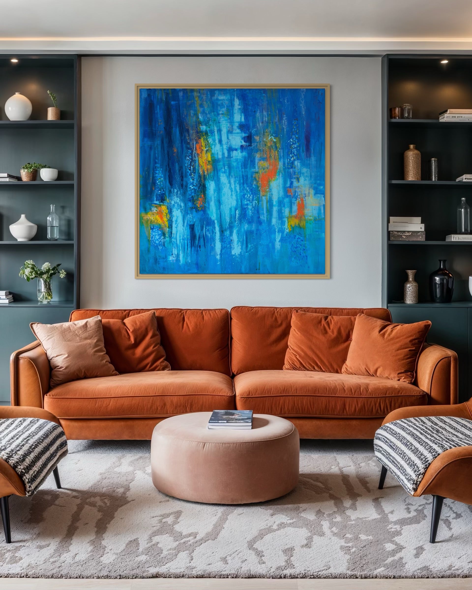 Abyss & Ember acrylic wall art styled in modern living room interior by Sisco Artworks