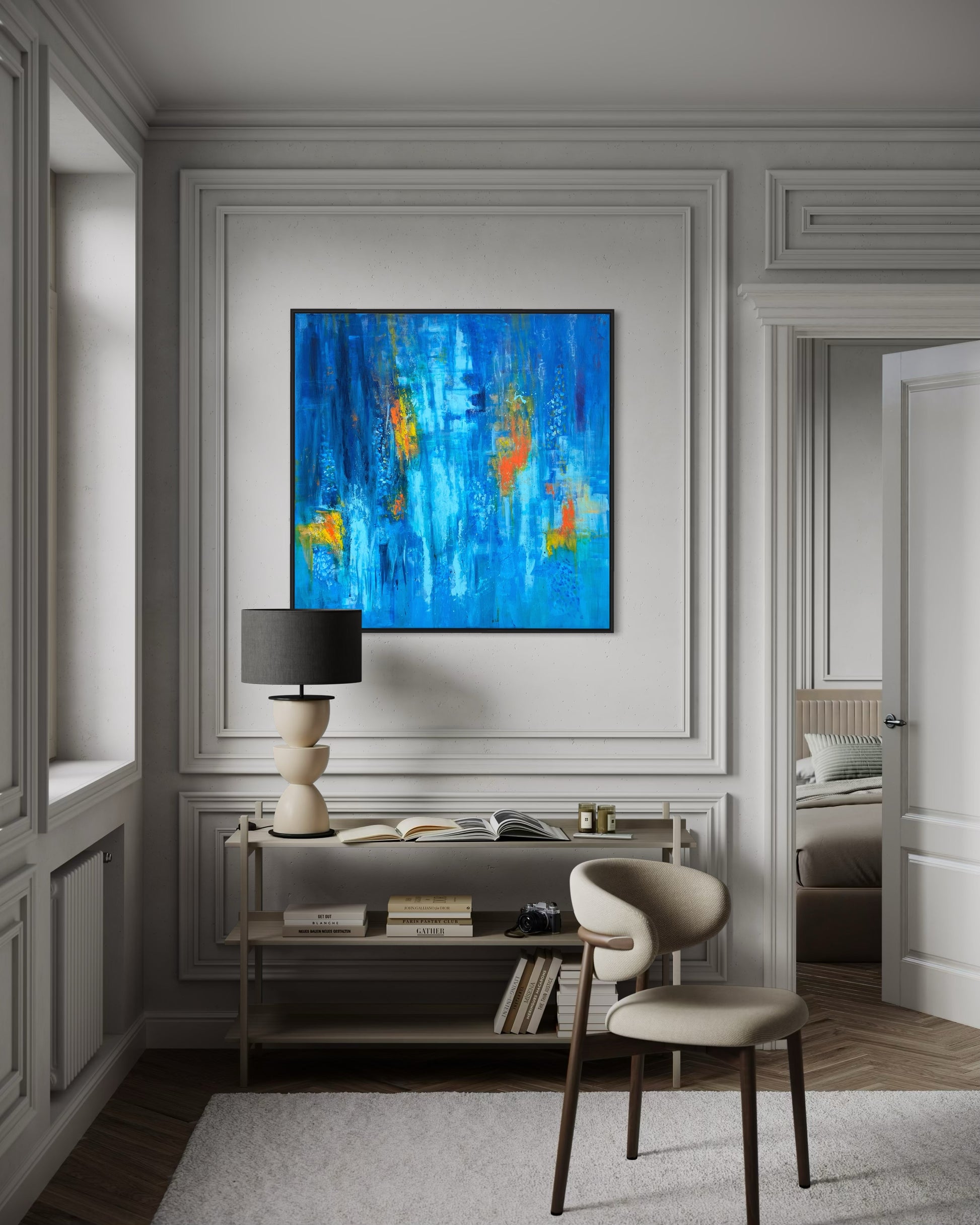 Abyss & Ember acrylic wall art styled in modern grey living room interior by Sisco Artworks