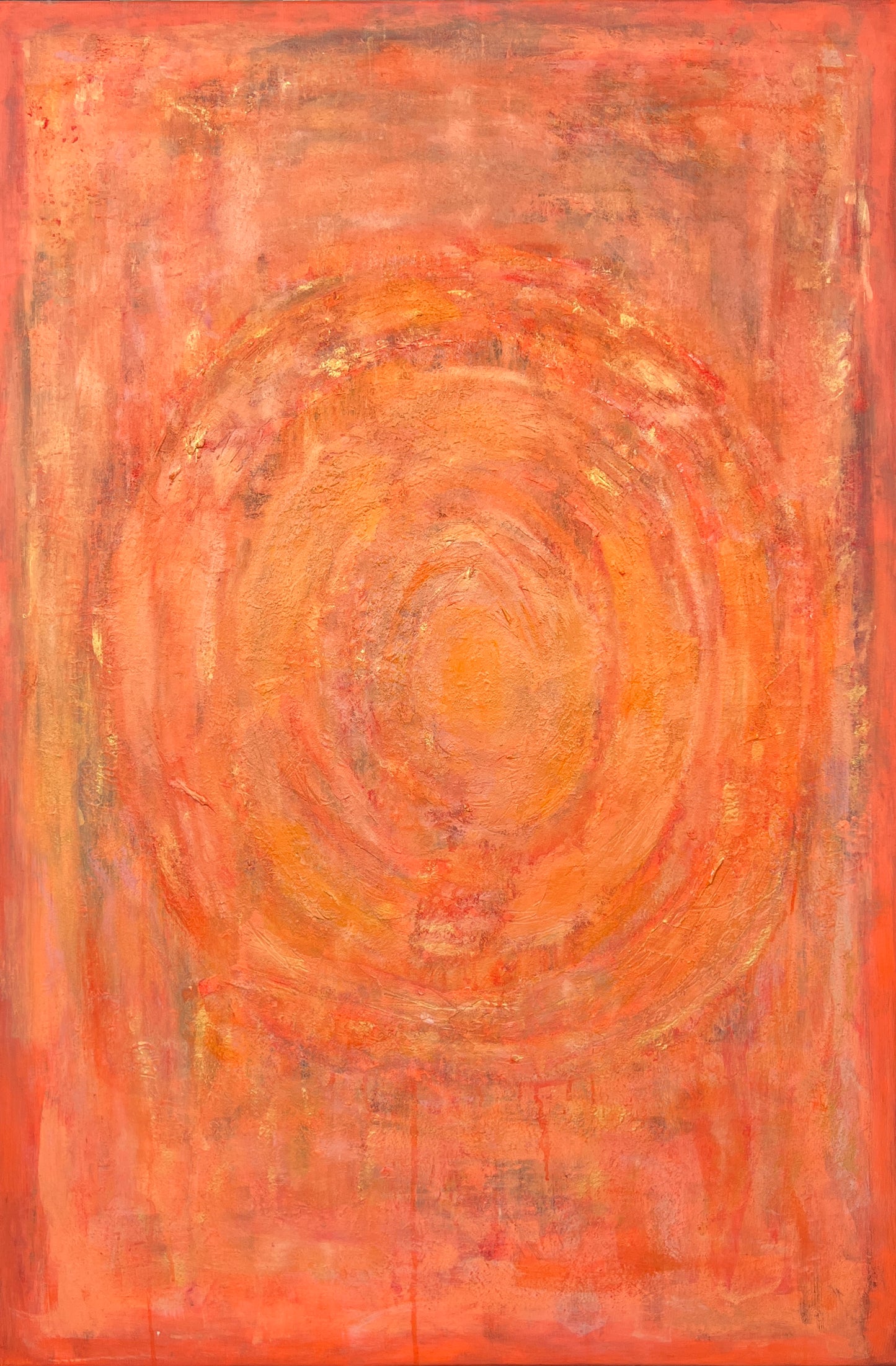 Enchanted Aura – Abstract orange acrylic painting by Sisco Artworks with concentric circular patterns in warm tones on a textured surface. Mediterranean style wall art.