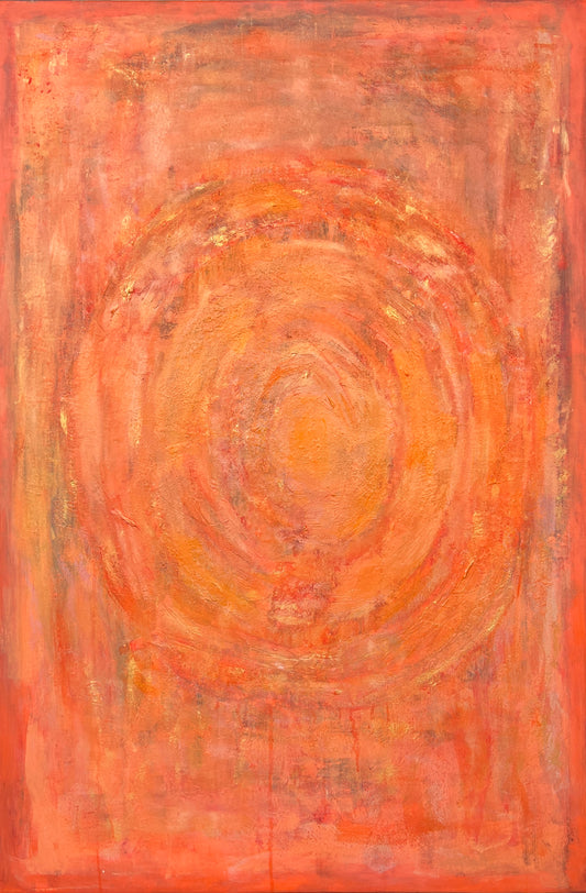 Enchanted Aura – Abstract orange acrylic painting by Sisco Artworks with concentric circular patterns in warm tones on a textured surface. Mediterranean style wall art.