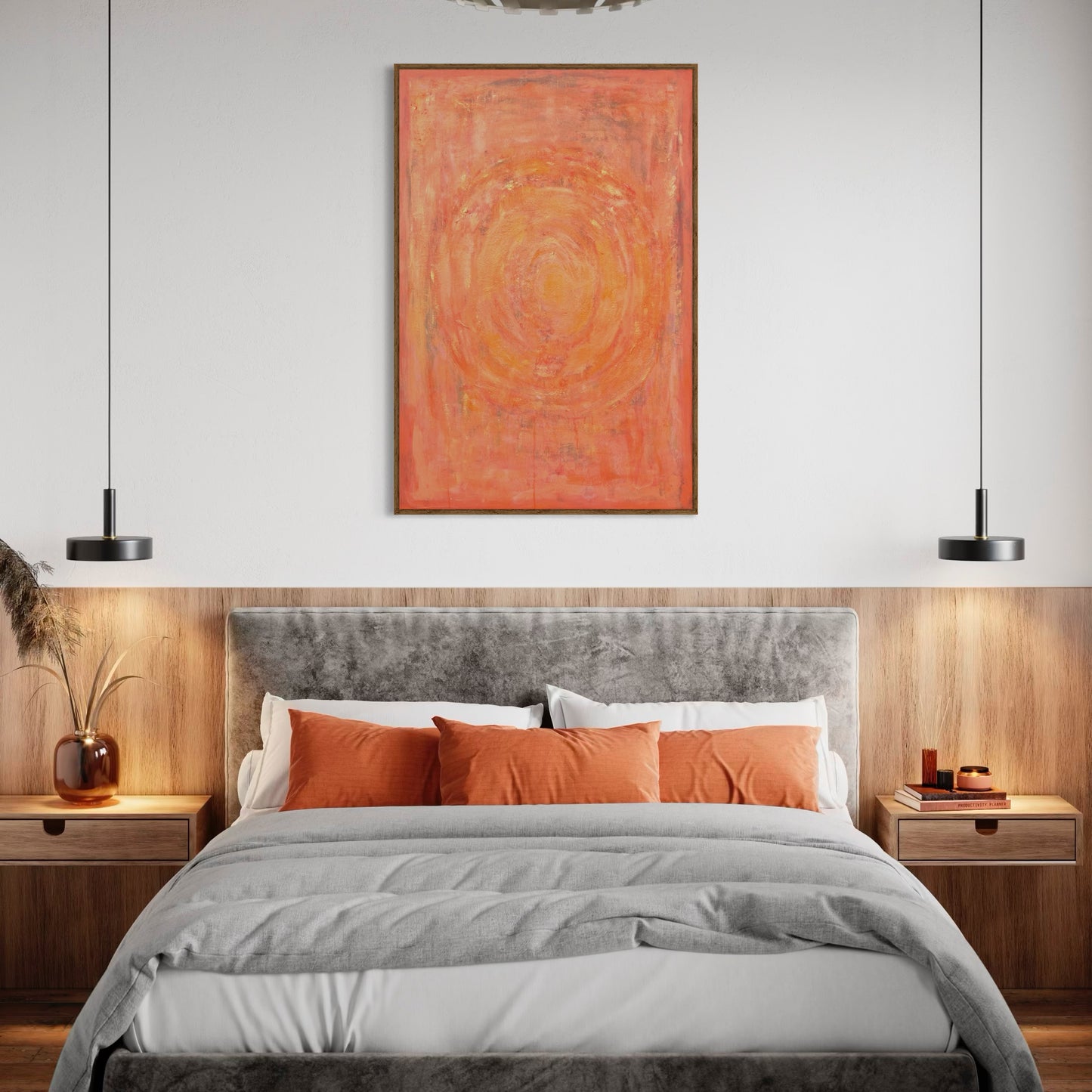 Enchanted Aura – orange acrylic wall art by Sisco Artworks, styled in modern bedroom above grey upholstered bed with orange pillows