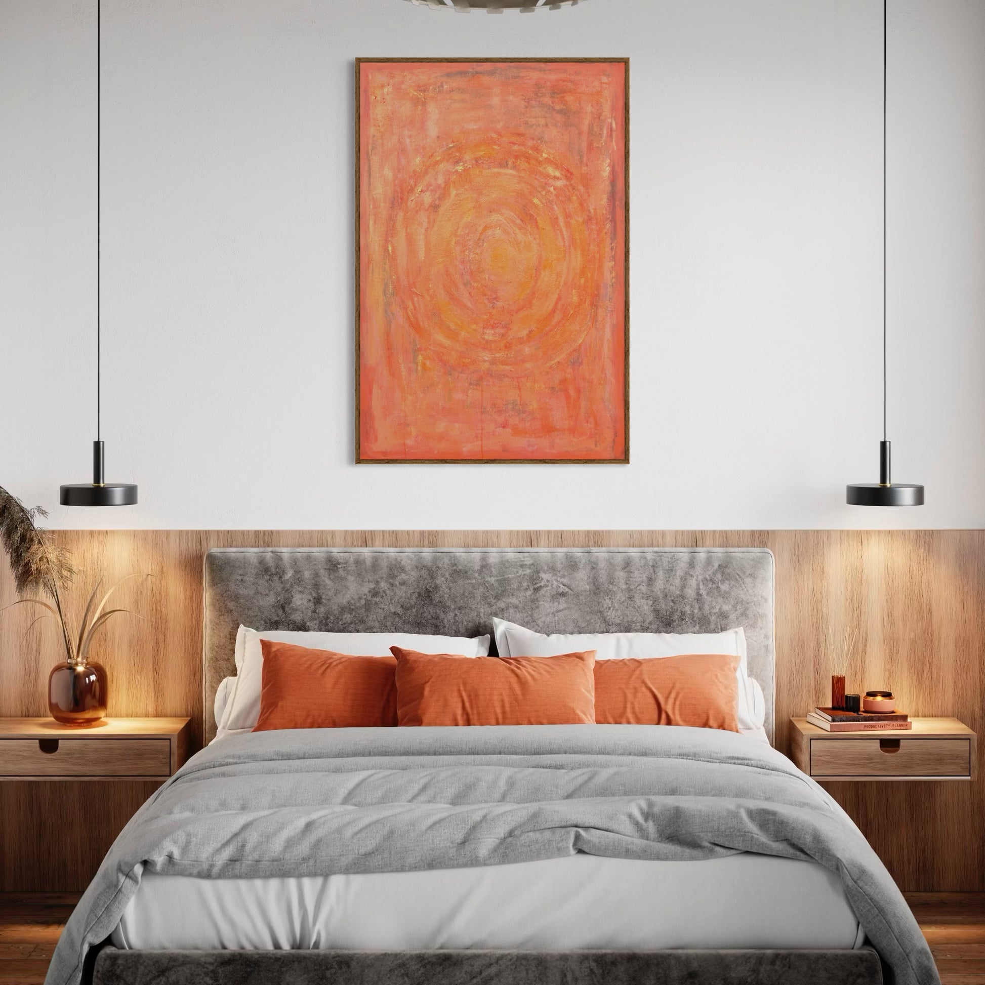 Enchanted Aura – orange acrylic wall art by Sisco Artworks, styled in modern bedroom above grey upholstered bed with orange pillows