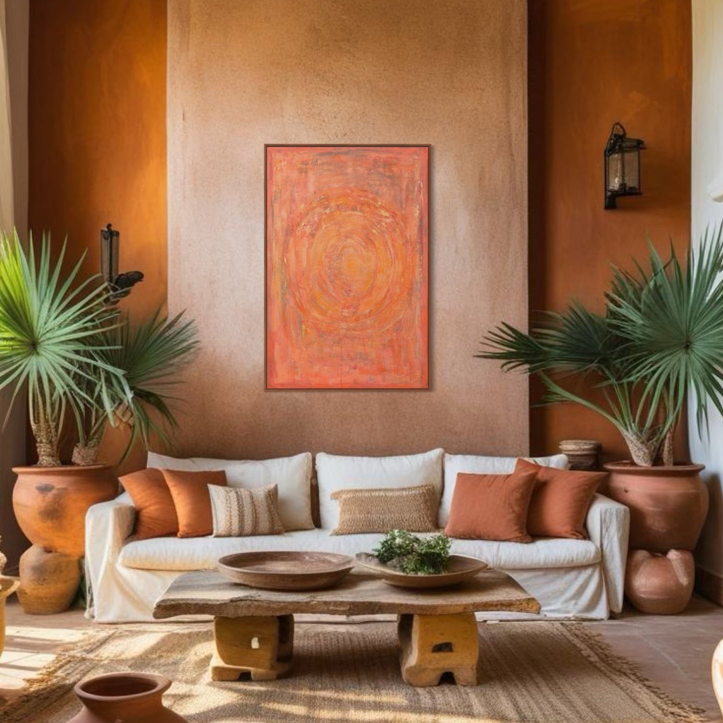Enchanted Aura – orange acrylic wall art by Sisco Artworks, styled in bohemian Mediterranean living room with plants and rustic decor