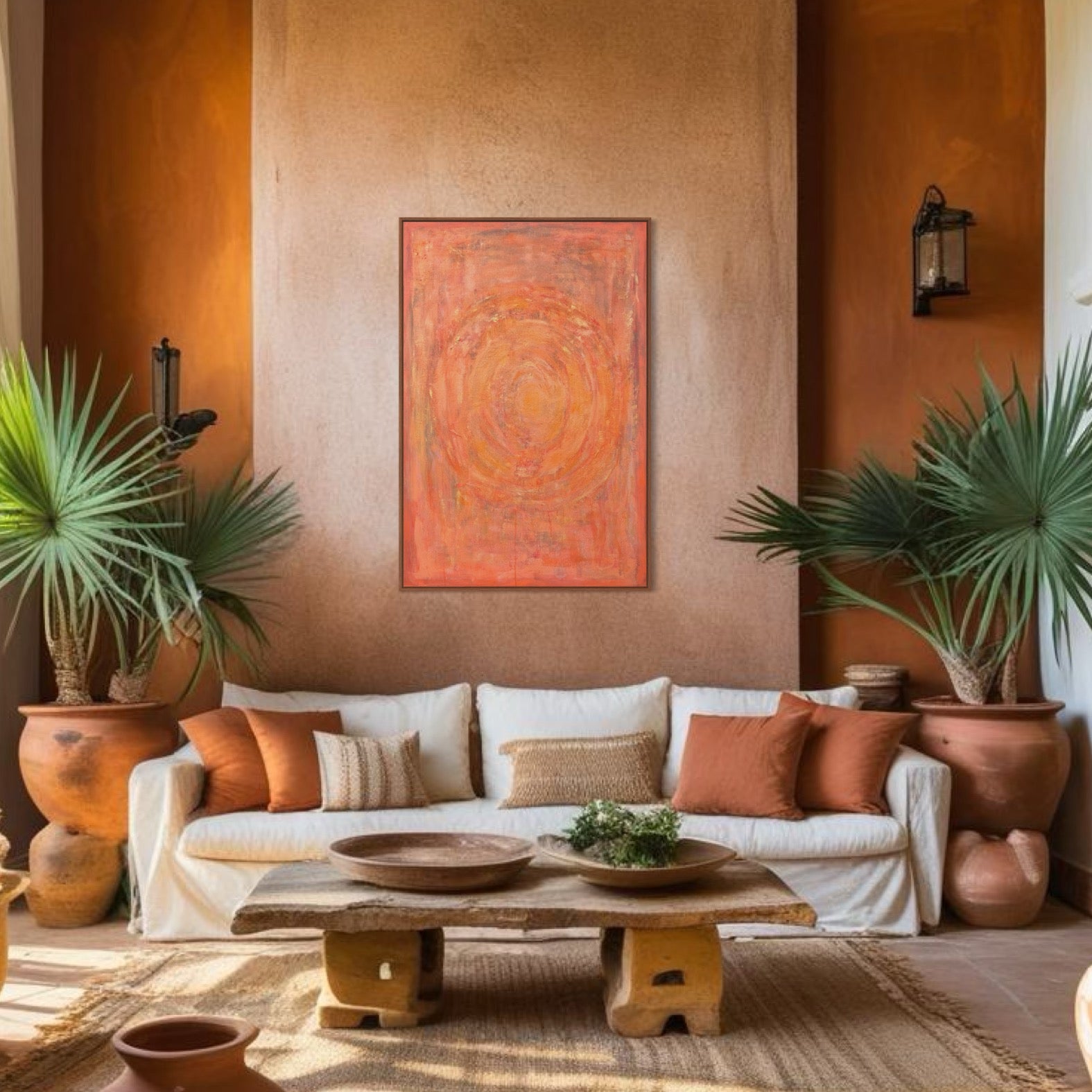 Enchanted Aura – orange acrylic wall art by Sisco Artworks, styled in bohemian Mediterranean living room with plants and rustic decor