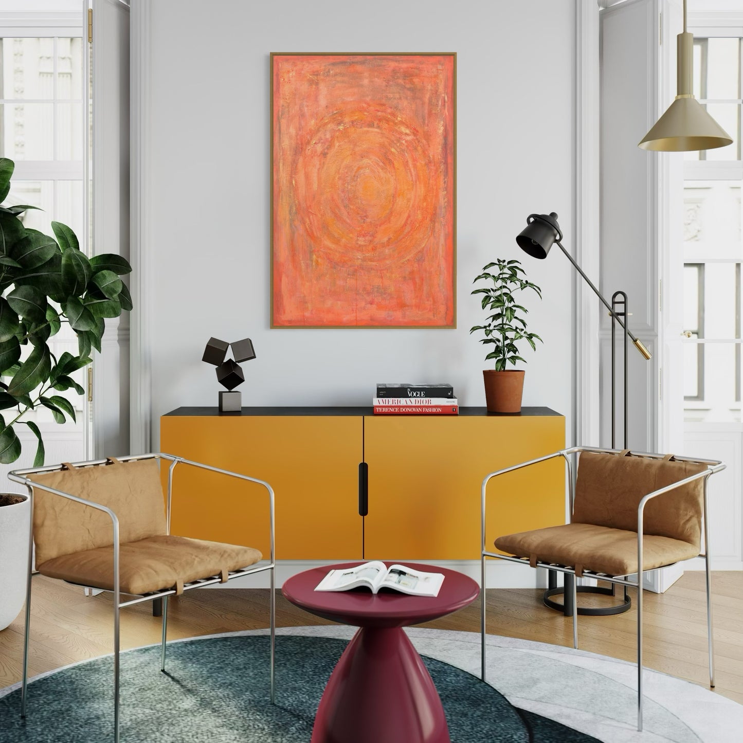 Enchanted Aura – orange acrylic wall art by Sisco Artworks, styled in contemporary living space with yellow cabinet, modern chairs and plants