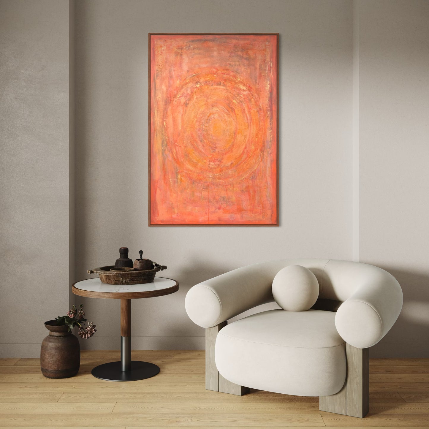 Enchanted Aura – orange acrylic wall art by Sisco Artworks, styled in cozy minimalist living room with modern armchair
