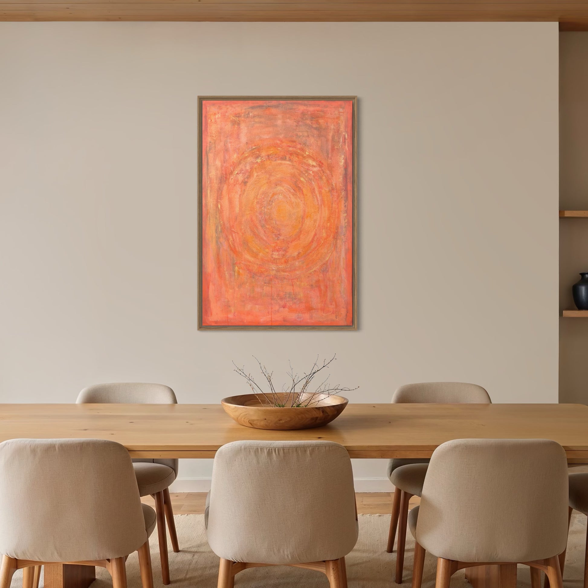 Enchanted Aura – orange acrylic wall art by Sisco Artworks, styled in modern neutral dining room with wooden table and chairs
