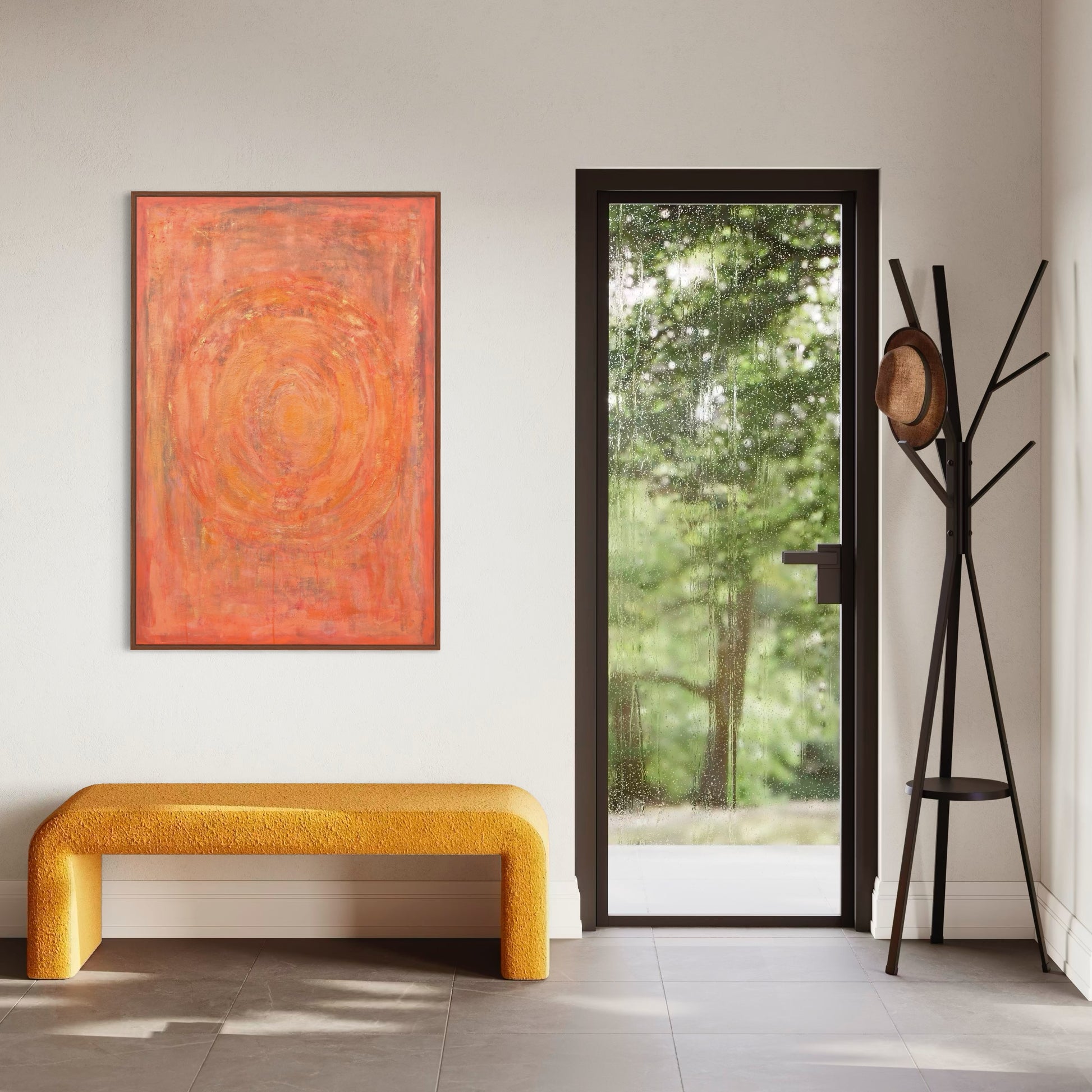 Enchanted Aura – orange acrylic wall art by Sisco Artworks, styled in modern entryway with yellow bench and glass door