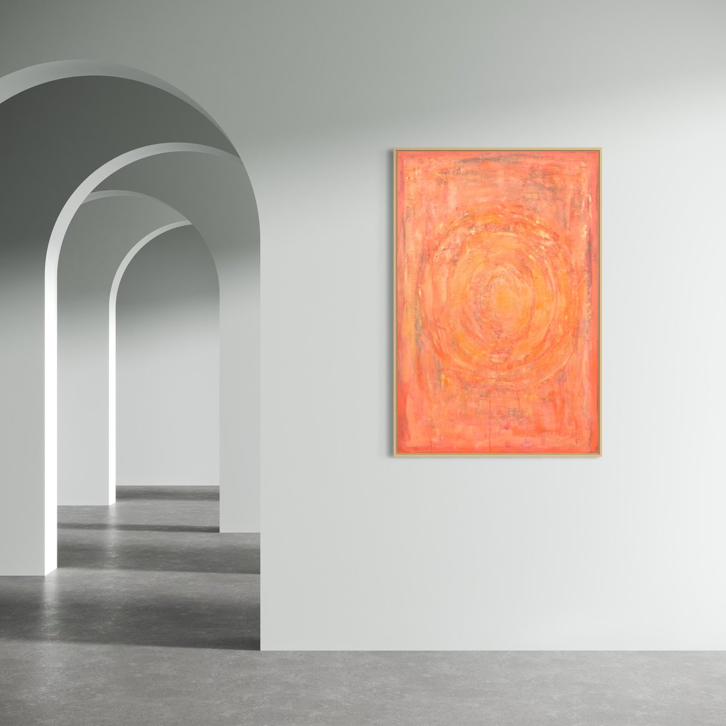 Enchanted Aura – orange acrylic wall art by Sisco Artworks, displayed in minimalist gallery interior with arches and grey floor