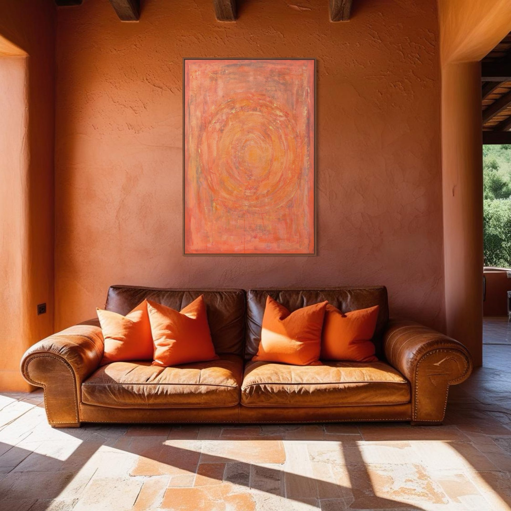 Enchanted Aura – orange acrylic wall art by Sisco Artworks, styled in Mediterranean living room with leather sofa and terracotta walls