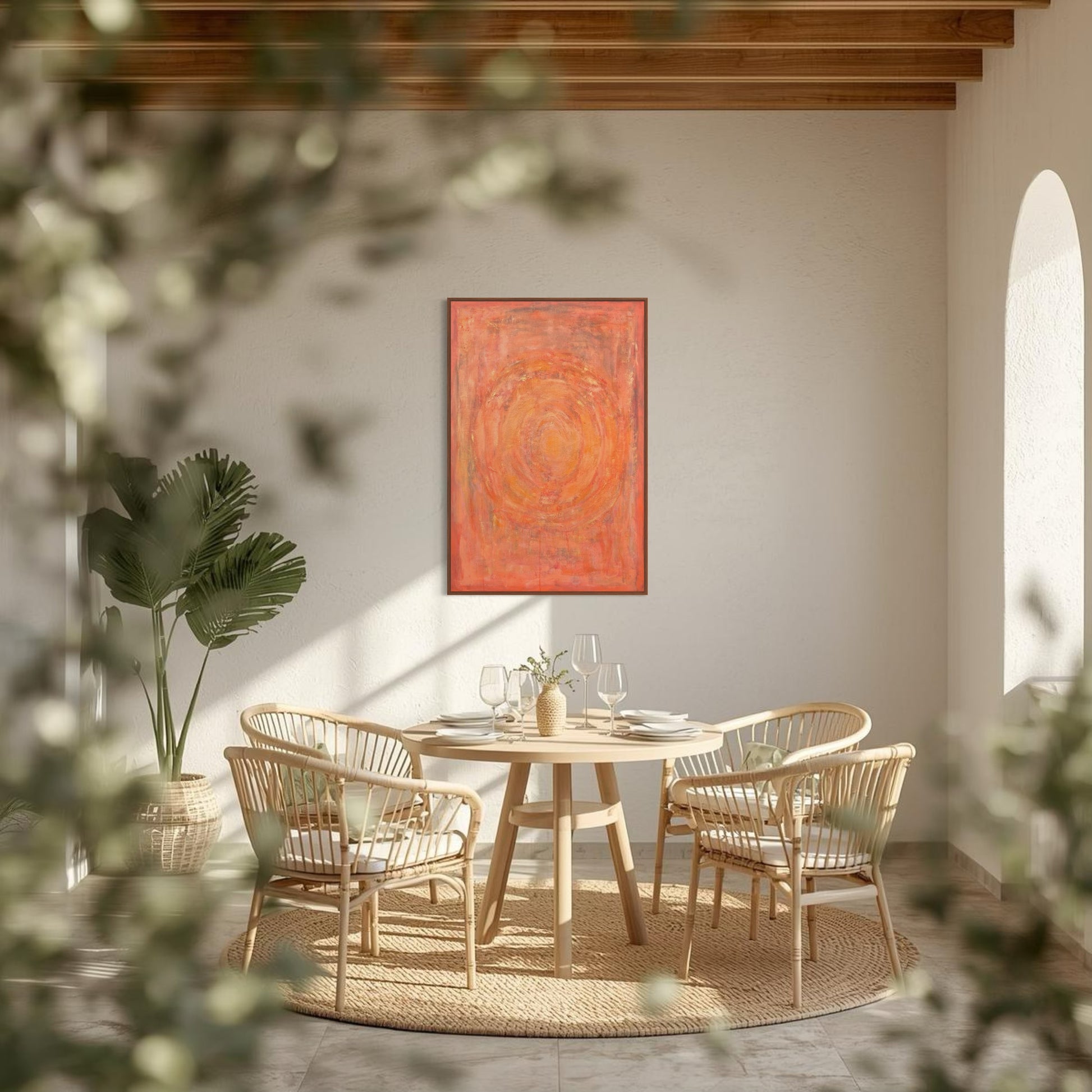 Enchanted Aura – orange acrylic wall art by Sisco Artworks, styled in Mediterranean dining area with natural wicker chairs and greenery