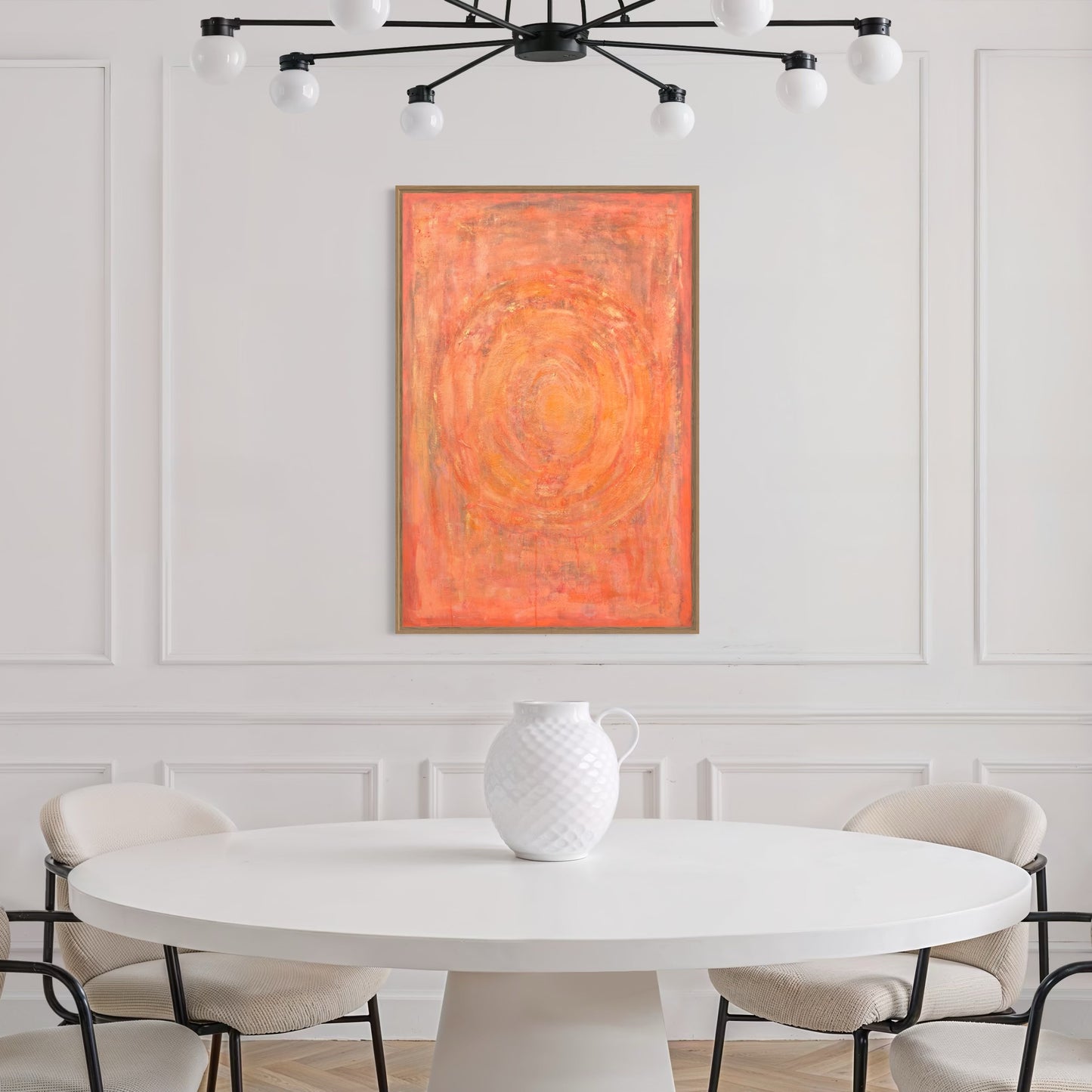 Enchanted Aura – orange acrylic wall art by Sisco Artworks, styled in modern neutral minimalist dining room interior