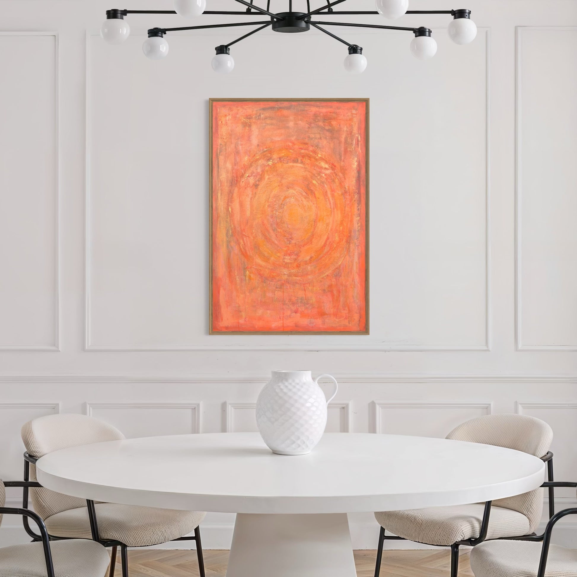 Enchanted Aura – orange acrylic wall art by Sisco Artworks, styled in modern neutral minimalist dining room interior