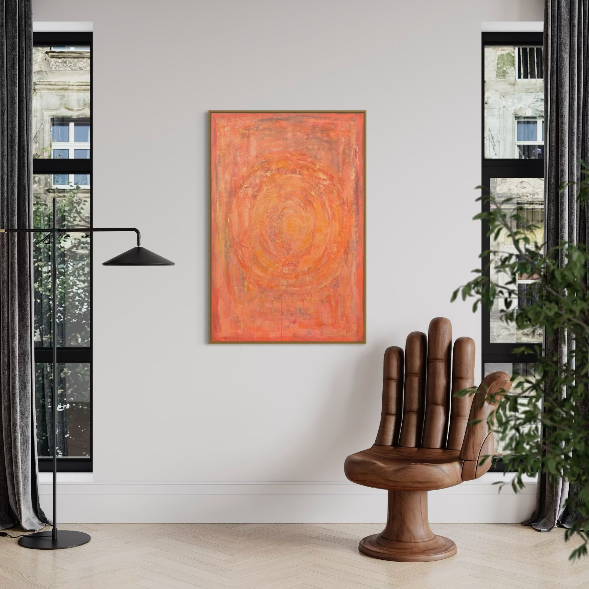 Enchanted Aura – orange acrylic wall art by Sisco Artworks, styled in modern urban living room with designer chair and large windows