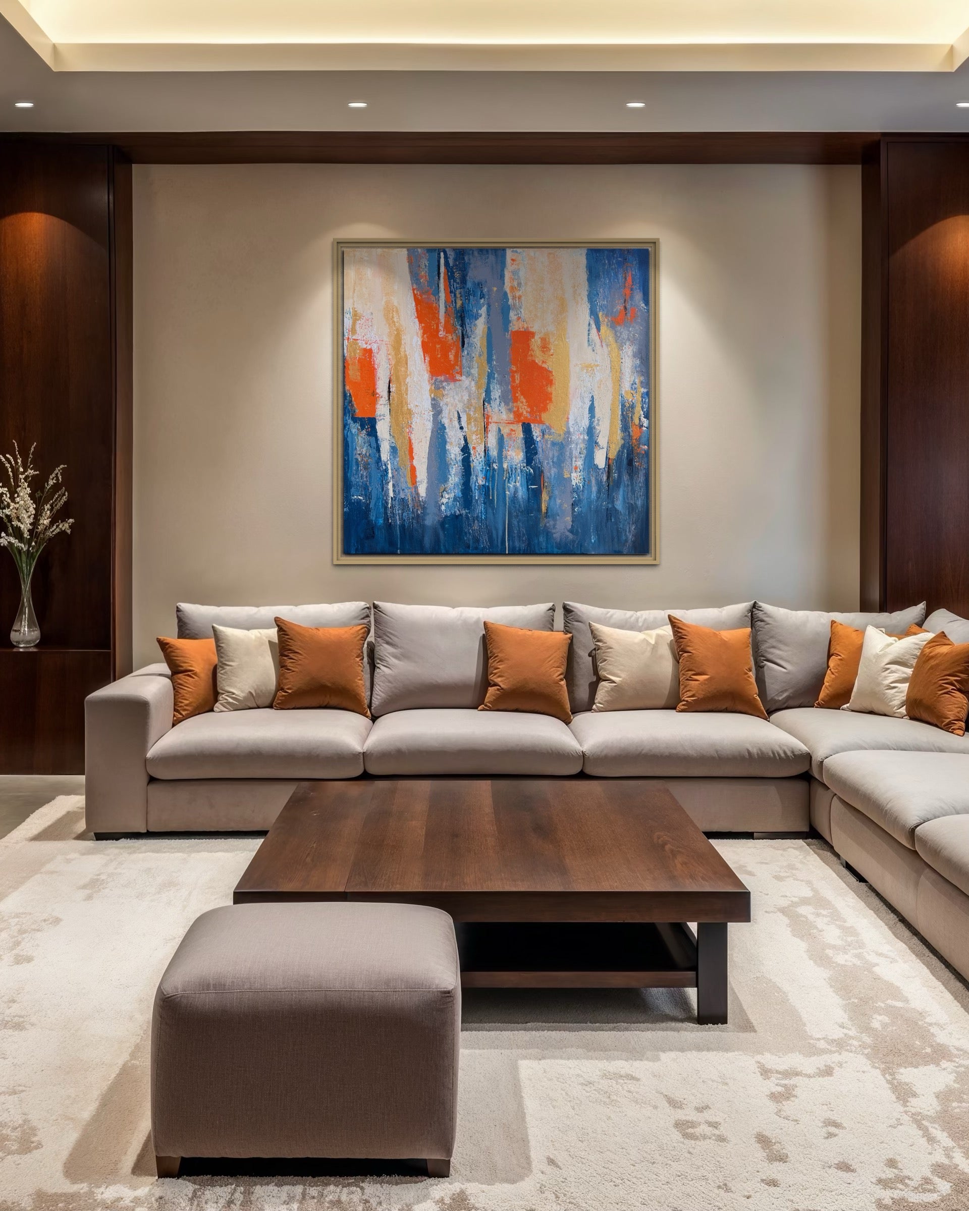 Fragments of Light acrylic wall art styled in minimalist living room with huge beige couch