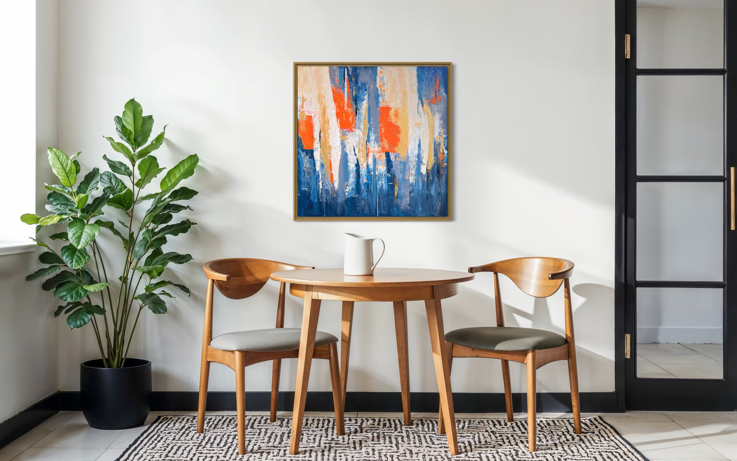 Fragments of Light acrylic wall art styled in bright dining room with wooden table and chairs