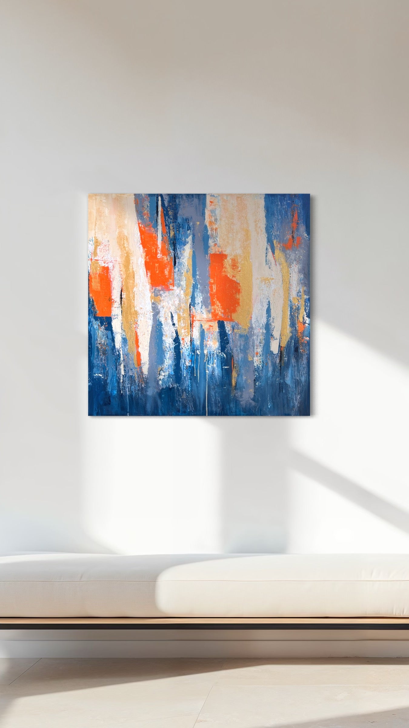 Fragments of Light acrylic wall art styled in bright entry room with beige bench