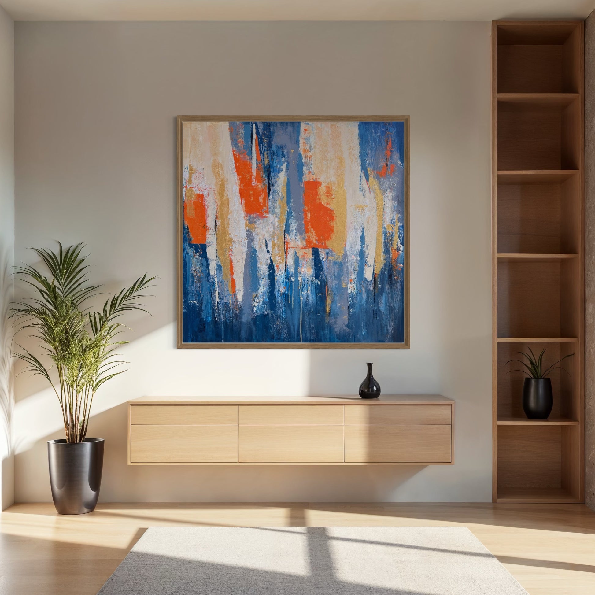 Fragments of Light acrylic wall art styled in bright living space with wooden cabinet